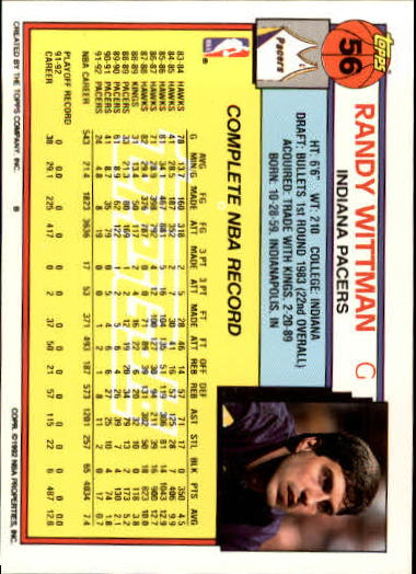 1992-93 Topps Gold #56 Randy Wittman back image