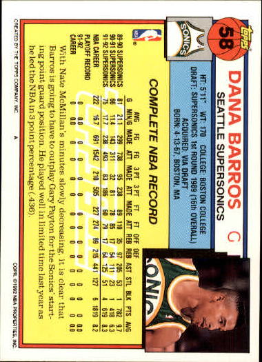 1992-93 Topps Gold #58 Dana Barros back image