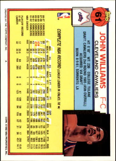 1992-93 Topps Gold #61 John Williams back image