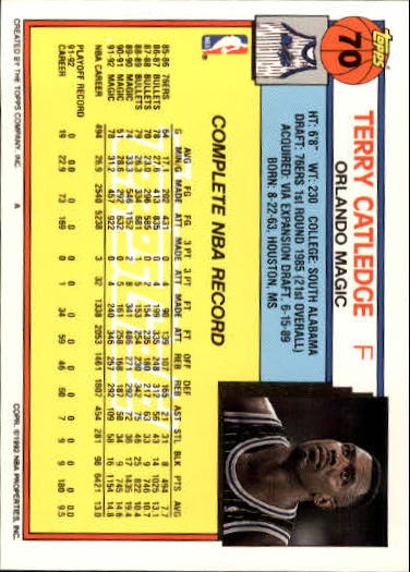 1992-93 Topps Gold #70 Terry Catledge back image