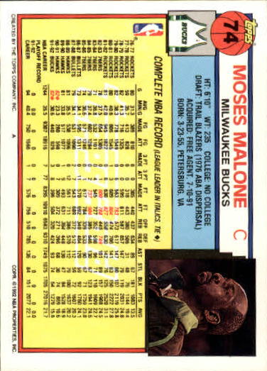 1992-93 Topps Gold #74 Moses Malone back image