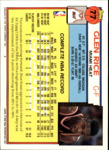 1992-93 Topps Gold #77 Glen Rice back image