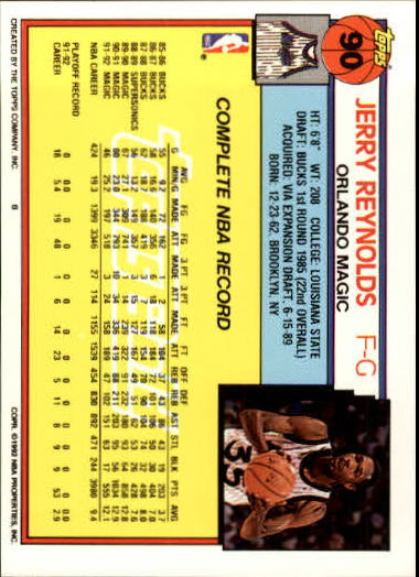 1992-93 Topps Gold #90 Jerry Reynolds back image