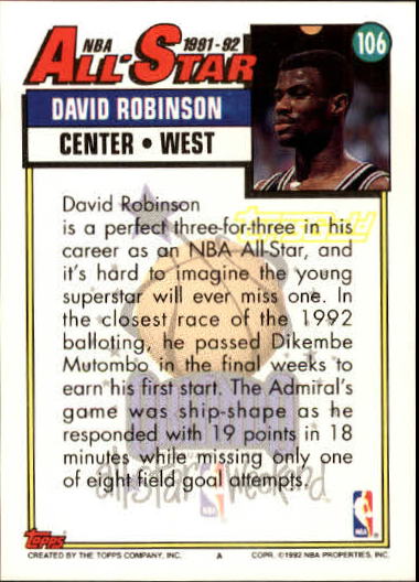 1992-93 Topps Gold #106 David Robinson AS back image
