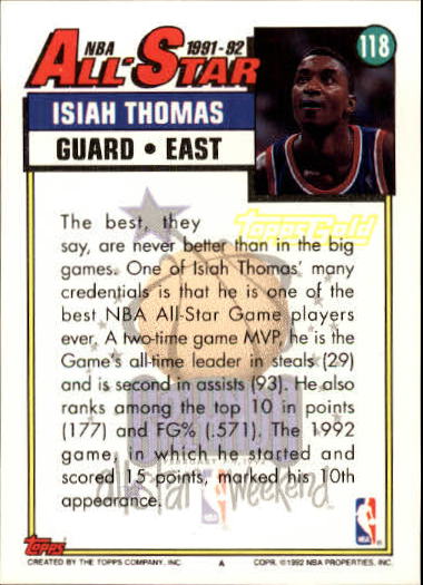 1992-93 Topps Gold #118 Isiah Thomas AS back image