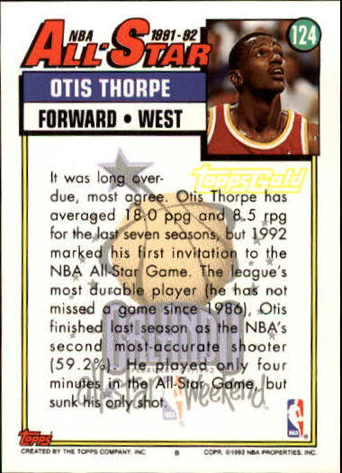 1992-93 Topps Gold #124 Otis Thorpe AS back image