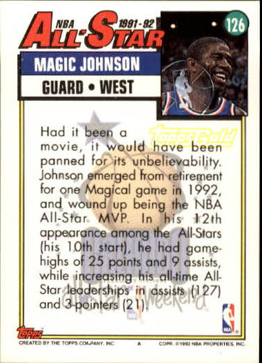 1992-93 Topps Gold #126 Magic Johnson AS back image