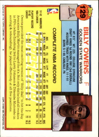 1992-93 Topps Gold #129 Billy Owens back image