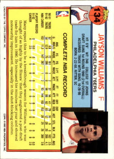 1992-93 Topps Gold #134 Jayson Williams back image