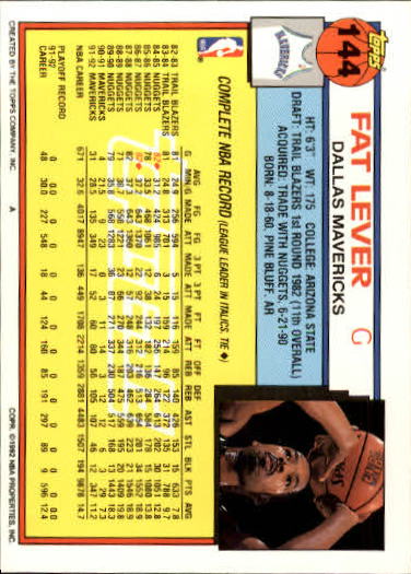 1992-93 Topps Gold #144 Fat Lever back image