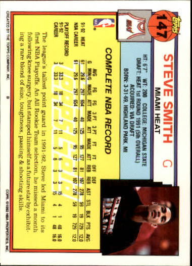 1992-93 Topps Gold #147 Steve Smith back image