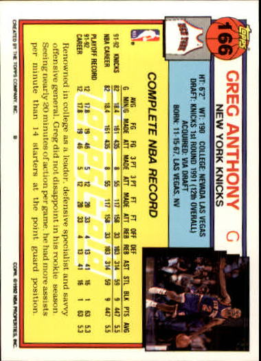 1992-93 Topps Gold #166 Greg Anthony back image