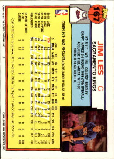 1992-93 Topps Gold #167 Jim Les back image