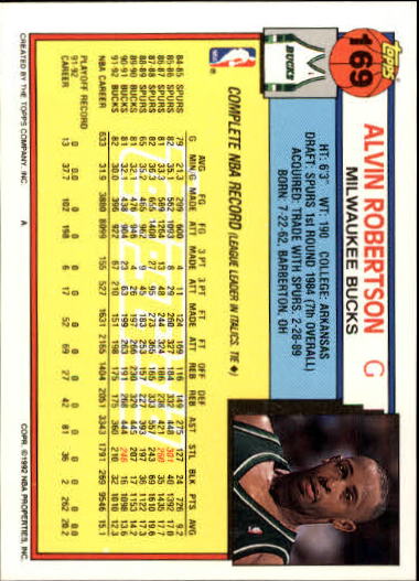 1992-93 Topps Gold #169 Alvin Robertson back image