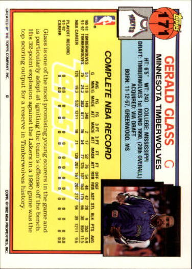 1992-93 Topps Gold #171 Gerald Glass back image