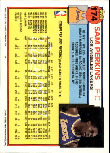 1992-93 Topps Gold #174 Sam Perkins back image