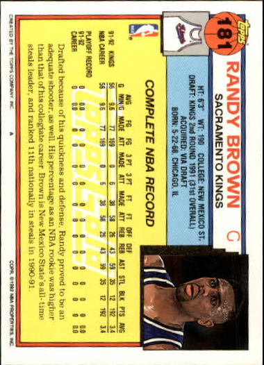 1992-93 Topps Gold #181 Randy Brown back image