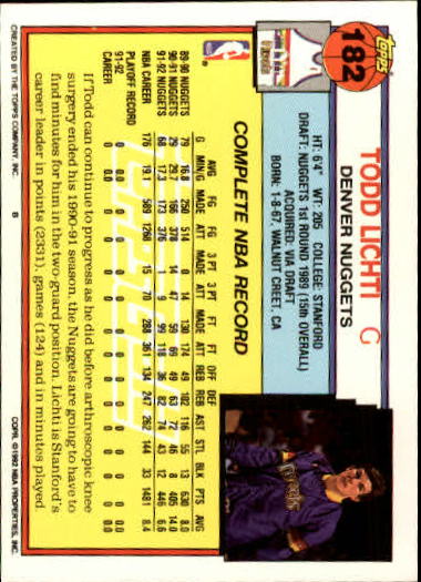 1992-93 Topps Gold #182 Todd Lichti back image