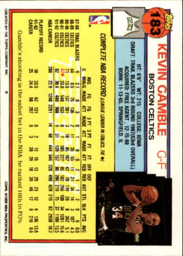 1992-93 Topps Gold #183 Kevin Gamble back image
