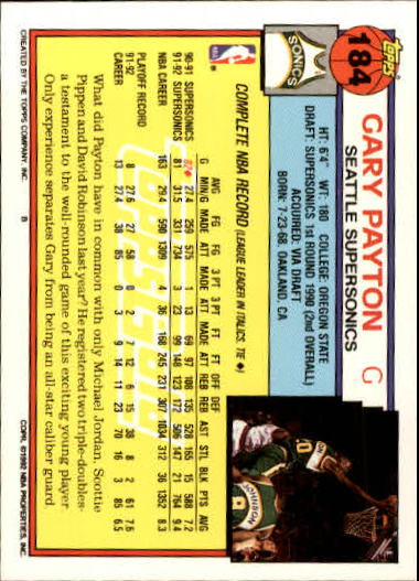 1992-93 Topps Gold #184 Gary Payton back image