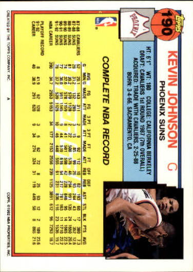 1992-93 Topps Gold #190 Kevin Johnson back image