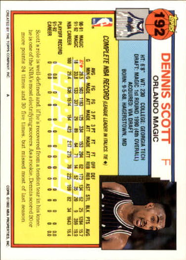 1992-93 Topps Gold #192 Dennis Scott back image