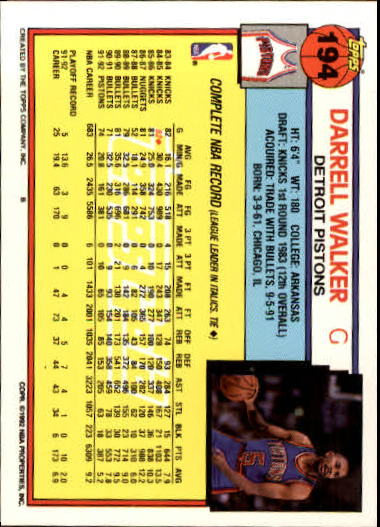 1992-93 Topps Gold #194 Darrell Walker back image