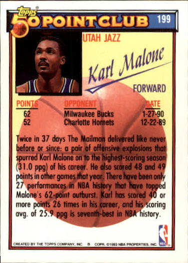 1992-93 Topps Gold #199 Karl Malone 50P back image