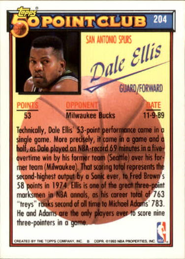 1992-93 Topps Gold #204 Dale Ellis 50P back image