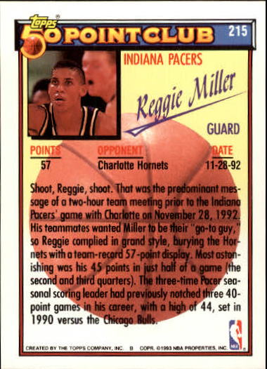 1992-93 Topps Gold #215 Reggie Miller 50P back image
