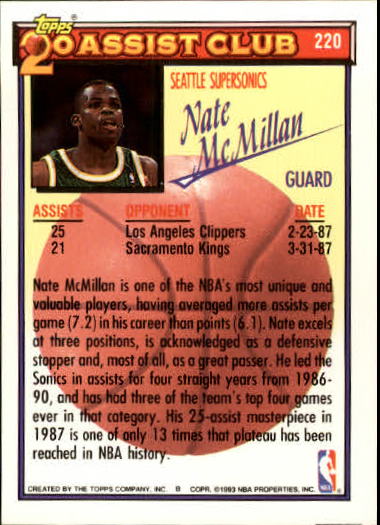 1992-93 Topps Gold #220 Nate McMillan 20A back image
