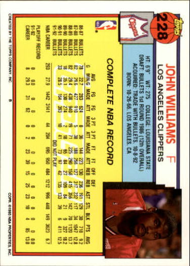 1992-93 Topps Gold #228 John Williams back image