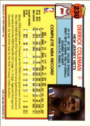 1992-93 Topps Gold #230 Derrick Coleman back image