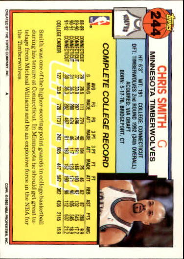 1992-93 Topps Gold #244 Chris Smith back image
