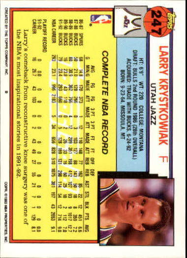 1992-93 Topps Gold #247 Larry Krystkowiak back image