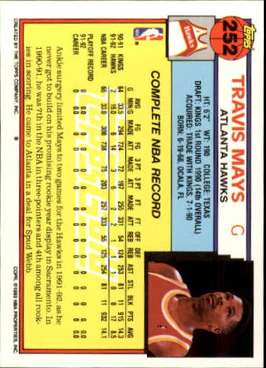 1992-93 Topps Gold #252 Travis Mays back image