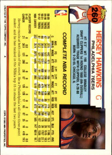 1992-93 Topps Gold #260 Hersey Hawkins back image