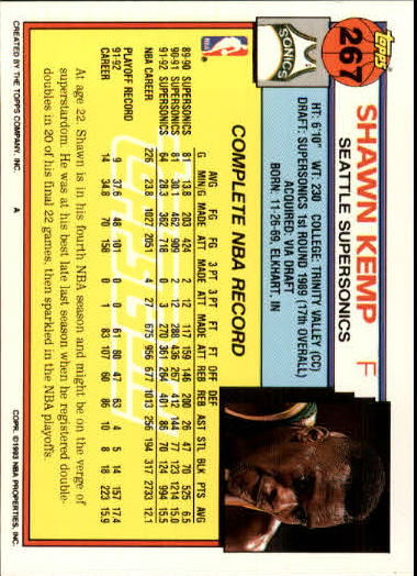 1992-93 Topps Gold #267 Shawn Kemp back image