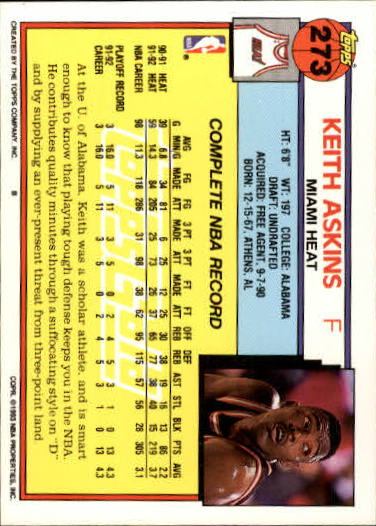 1992-93 Topps Gold #273 Keith Askins back image
