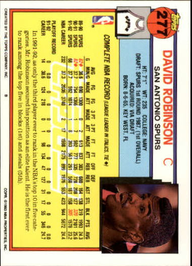 1992-93 Topps Gold #277 David Robinson back image