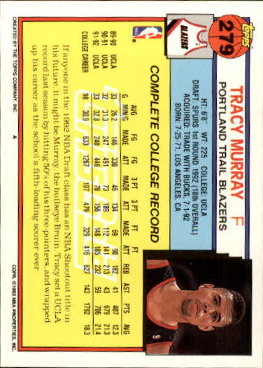 1992-93 Topps Gold #279 Tracy Murray back image