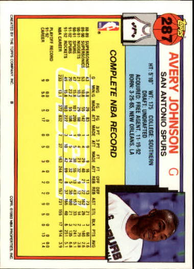 1992-93 Topps Gold #287 Avery Johnson back image