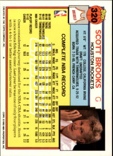1992-93 Topps Gold #320 Scott Brooks back image