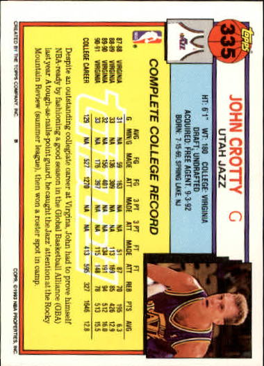 1992-93 Topps Gold #335 John Crotty back image