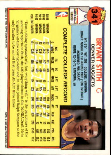 1992-93 Topps Gold #341 Bryant Stith back image