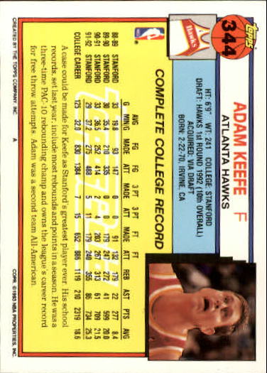 1992-93 Topps Gold #344 Adam Keefe back image