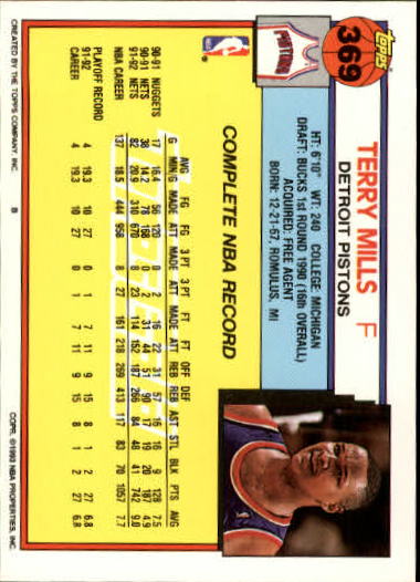 1992-93 Topps Gold #369 Terry Mills back image