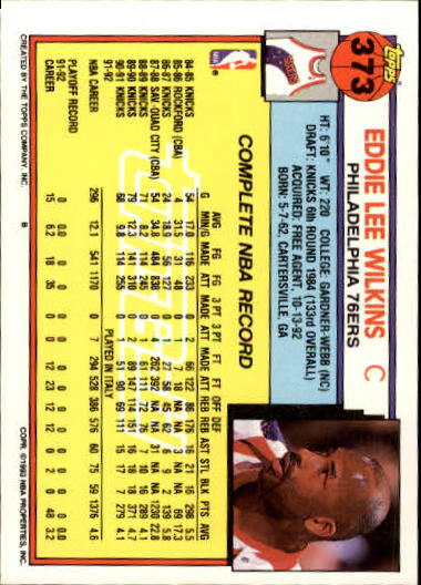 1992-93 Topps Gold #373 Eddie Lee Wilkins back image