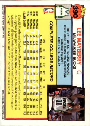 1992-93 Topps Gold #390 Lee Mayberry back image