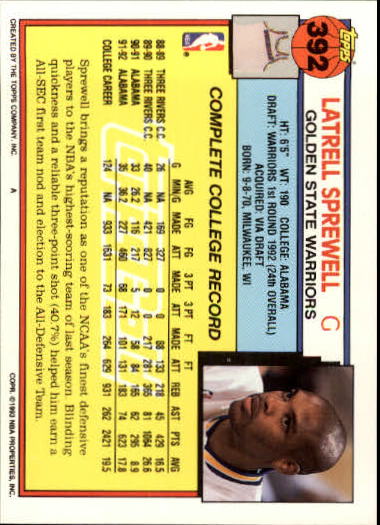 1992-93 Topps Gold #392 Latrell Sprewell back image